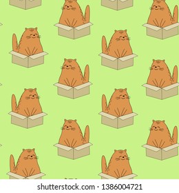 Beautiful creative textiles. Image of original kittens. The pet is sitting in the box. Wallpaper and background for a beautiful children's room. Vector illustration.