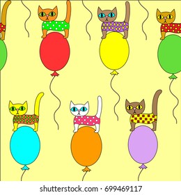 Beautiful creative textiles. Picture of the original kittens on balloons. Wallpaper for the children's room, pretty pattern. Vector illustration.