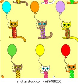 Beautiful creative textiles. Picture of the original kittens on balloons. Wallpaper for the children's room, pretty drawing. Vector illustration.