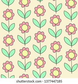 Beautiful creative textiles. Pink flower on a yellow background. Wallpaper for the children's room. Vector illustration.