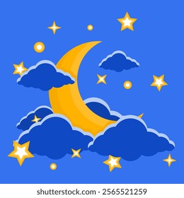 Beautiful Crescent Moon with Clouds and Stars Vector. Bright Crescent Moon Element.