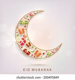 Beautiful crescent moon decorated with colorful gift boxes on shiny grey background for Muslim community festival Eid Mubarak celebrations. 