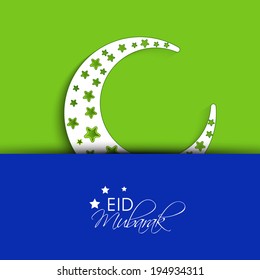 Beautiful crescent moon decorated with stars on green and blue background for celebration of Muslim community festival Eid Mubarak. 