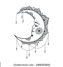 Beautiful crescent moon with face, jewelry and mandala ornaments, boho design, tattoo. Linear hand drawing isolated on white background, vector illustration