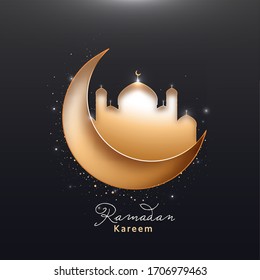 Beautiful crescent moon and mosque on black background. Islamic Holy Month of Ramadan Kareem Concept. 