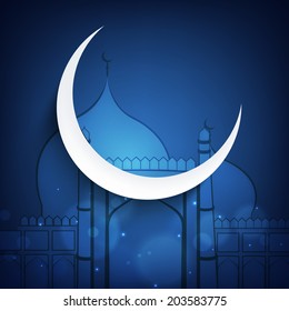 Beautiful crescent moon on blue mosque background for Muslim community festival Eid Mubarak celebrations. 