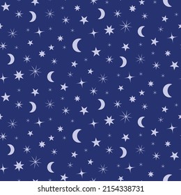 Beautiful crescent moon and stars seamless pattern on navy blue background. For textile, home décor and wallpaper  