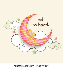 Beautiful crescent moon wrapped with yellow ribbon on stylish clouds decorated beige background for Muslim community festival Eid Mubarak celebrations.  