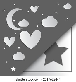 Beautiful crescent star and cloud monochrome template