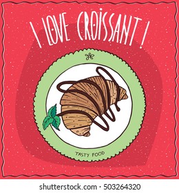 Beautiful croissant drizzled with chocolate, lie on the plate. Top view. Red background. Handmade cartoon style. Vector illustration