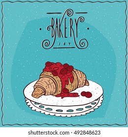 Beautiful croissant drizzled with syrup or jam of red berries, lie on lacy napkin. Blue background and ornate lettering bakery. Handmade cartoon style. Vector illustration