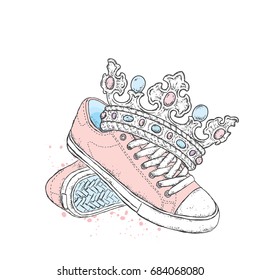 Beautiful crown and sneakers. A ramp illustration for a postcard or a poster, a print on clothes. Fashion & Style.