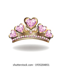 Beautiful Crown Or Tiara Of A Princess With Pearls And Pink Gems In The Shape Of A Heart Vector Illustration Isolated On White Background.