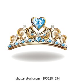 Beautiful crown or tiara of a princess with pearls and pink gems in the shape of a heart vector illustration isolated on white background.