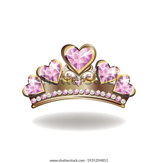 白い背景にハートベクターイラストの形をした真珠とピンクの宝石を持つ姫の美しい王冠またはティアラ のベクター画像素材 ロイヤリティフリー
