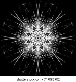 Beautiful crystal glass snowflake. Background design for christmas and new years winter decoration. Vector illustration on pure black for card, cover, paper, textile