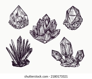 Hermosa colección de cristales, simple dibujo de tinta de doodle, estilo de sepultura
