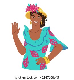 Beautiful cuban woman in fancy dress and straw hat, flat vector illustration isolated on white background. Cuban woman standing waving hand in greeting gesture.