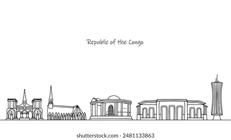 Beautiful cultural and historical buildings of the Republic of Congo. Sights of the African country. Black and white vector illustration for use in tourism.