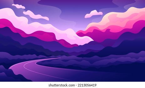 Beautiful cumulus pink clouds over the evening landscape. Road through forest and hills at sunset background.