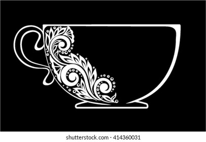 Beautiful cup, decorated with black and white floral ornament isolated.  Floral design for greeting card and invitation of wedding, birthday, Valentine's Day, mother's day and seasonal holiday