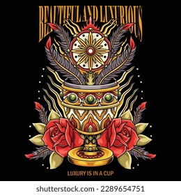 a beautiful cup decorated with luxurious gold accompanied by red roses and several plants, beauty is in one cup

