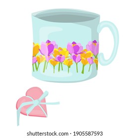 Beautiful cup with flower pattern and heart shaped sweet. Vector illustration