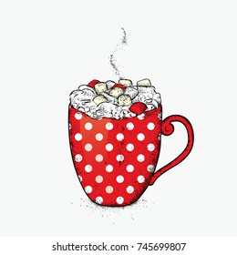 Beautiful cup in pea. Hot chocolate and marshmallows. Vector illustration for a card or poster, print on clothes. Drawing for the cover of a notebook or a menu. Cocoa.