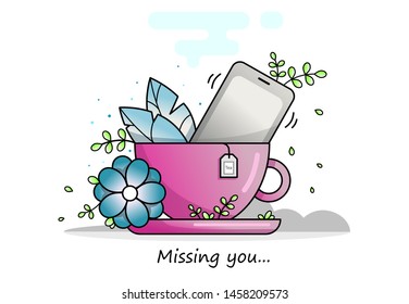 A beautiful cup of tea, delicate colors, a ringing phone, an invitation to a cup of tea. Pink cup on white background. Vector, illustration. Telephone symbol. Smartphone technology. Mobile phone.