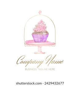 Hermoso Cupcake en Muffin Cake Holder. Logotipo de acuarela