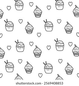 Beautiful cupcake pattern with heart accents, featuring charming line art of cupcakes and hearts, perfect for packaging, branding, or any sweet-themed project