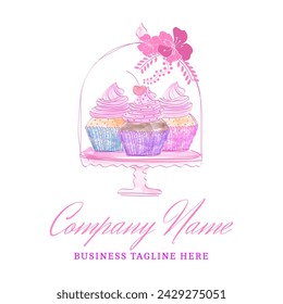 Hermosos Cupcakes en Soporte de Pastel Floral. Ilustración de logotipo rosa