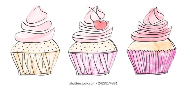 Hermosos Cupcakes Set o Muffin Colección en estilo dibujado a mano Doodle sobre fondo blanco