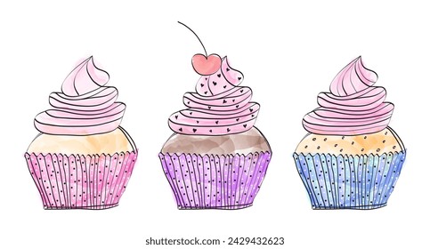 Hermosos Cupcakes Set o Muffin Colección en estilo de garabato de acuarela colorida sobre fondo blanco