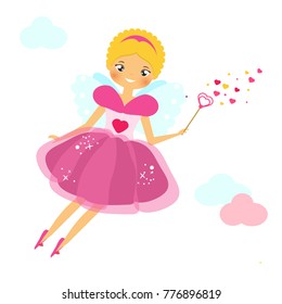Beautiful Cupid girl spreading love dust. Winged flying fairy in pink dress flapping wand. Valentines day, romantic character. Vector illustration, greeting card