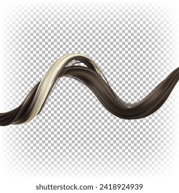Beautiful curl of brown dyed hair isolated on a transparent background. Wavy curly female hair. Advertising of shampoos, hair dyes, hairdressing salon.