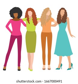 Beautiful curly girls stand embracing, international woman day realistic flat vector illustration.