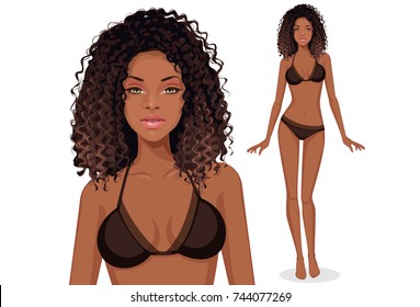 Beautiful curly hair american African fashion model in bikini