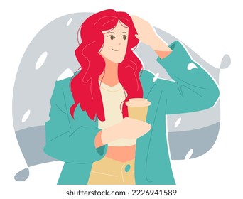 beautiful curly hair girl holding a hot drink. snowfall on clothes. coffee, tea, hot chocolate. snow scene outdoor background. winter concept, fashion. flat vector illustration cartoon