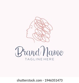 Beautiful Curly Hair Girl Logo Line Style. Beauty Women Salon Or Hair Product Logo Design