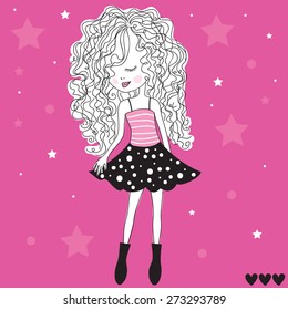 beautiful curly hair girl vector illustration