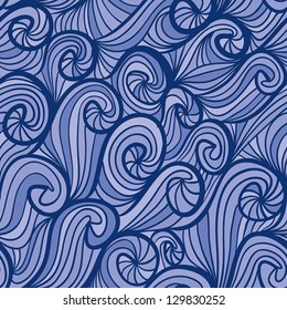 Beautiful curly waves seamless pattern, hand drawn blue vector background.