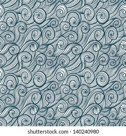 Beautiful curly waves seamless pattern, hand drawn single color vector background.