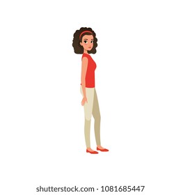 Beautiful curly-haired woman standing sideways. Colorful flat vector illustration