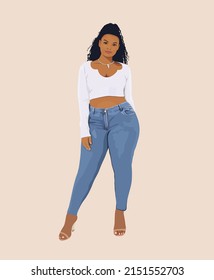 Beautiful curvy black girl in casual wear - white top, blue jeans, high hells shoes. Pretty  woman with long curvy hair. High quality hand drawn vector fashion illustration isolated on pink. 