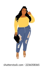 Beautiful curvy black girl in casual wear - yellow top, blue jeans, high hells shoes. Pretty woman, long curvy hair. High quality hand drawn vector fashion illustration isolated on white background.