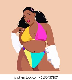 Beautiful Curvy Black girl in colorful swimsuit. Plus size  model with curly natural hair. Body positive unique hand drawn vector illustration. Attractive overweight african american woman.