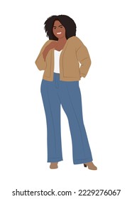 Beautiful curvy black girl in smart casual outfit. Pretty business woman in office look. African american Lady boss. Vector realistic illustration isolated on white background.
