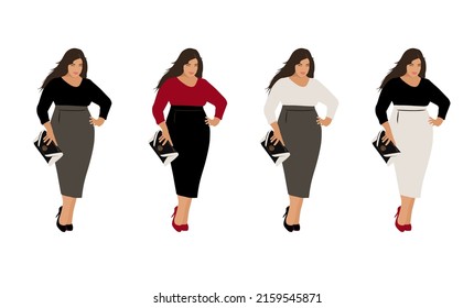 Beautiful curvy business woman wearing office outfit and high hells shoes. Plus size model. Cartoon style fashion realistic vector illustration isolated on white background.
