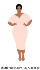 Beautiful curvy business woman wearing summer dress and high hells shoes. Plus size attractive model. Body positive modern fashion cartoon style vector art illustration.